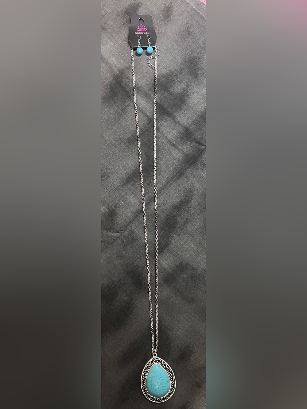 Paparazzi Turquoise Teardrop Filigree Pendant Necklace with Earrings